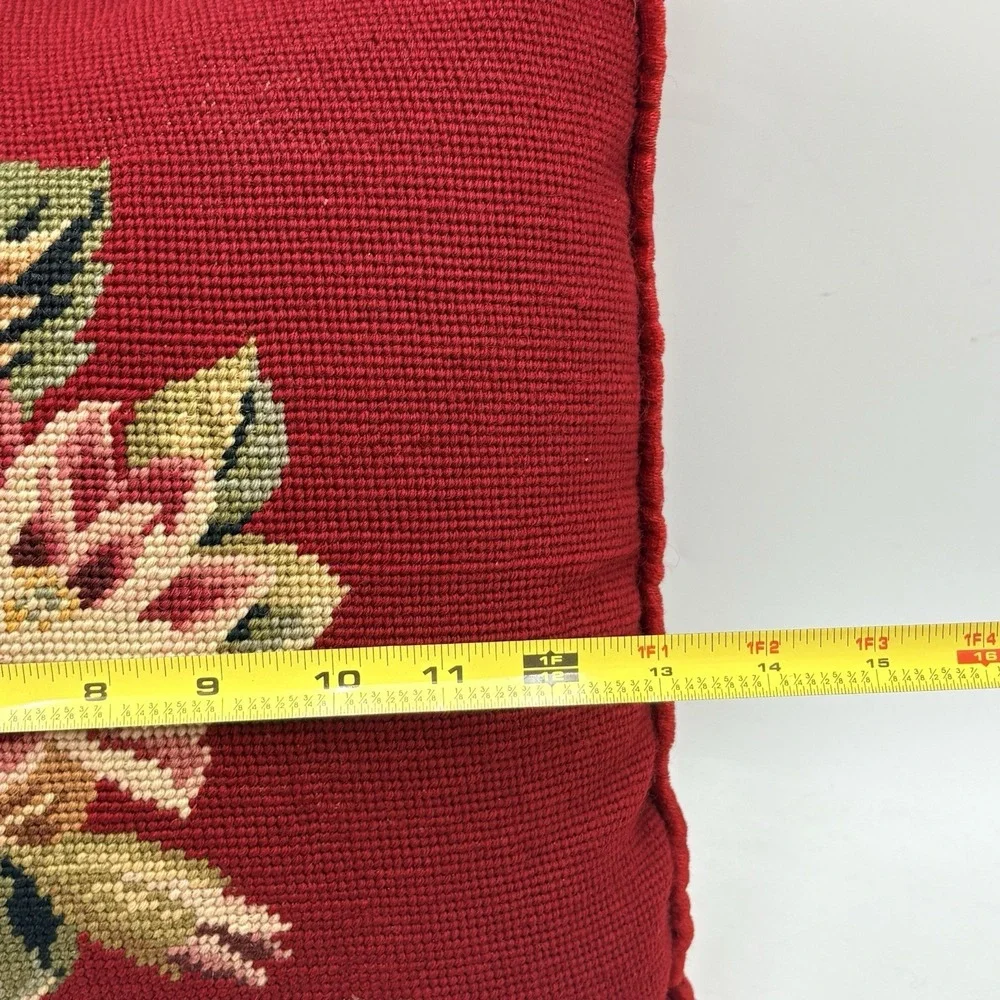 VTG Needlepoint Throw Pillows Burgundy Red Velvet Floral Handmade 14